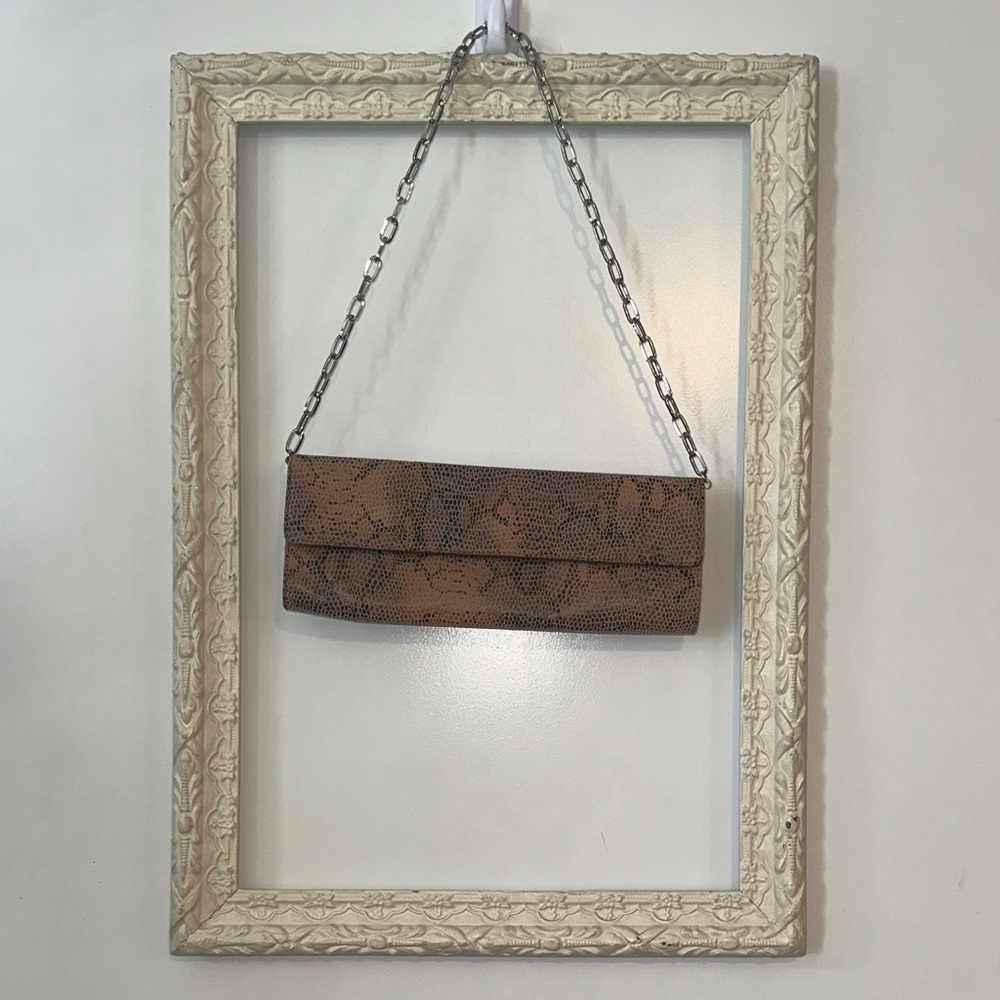 SOPRANO | Vintage Brown Genuine Leather Snake Print Clutch with Chain Strap